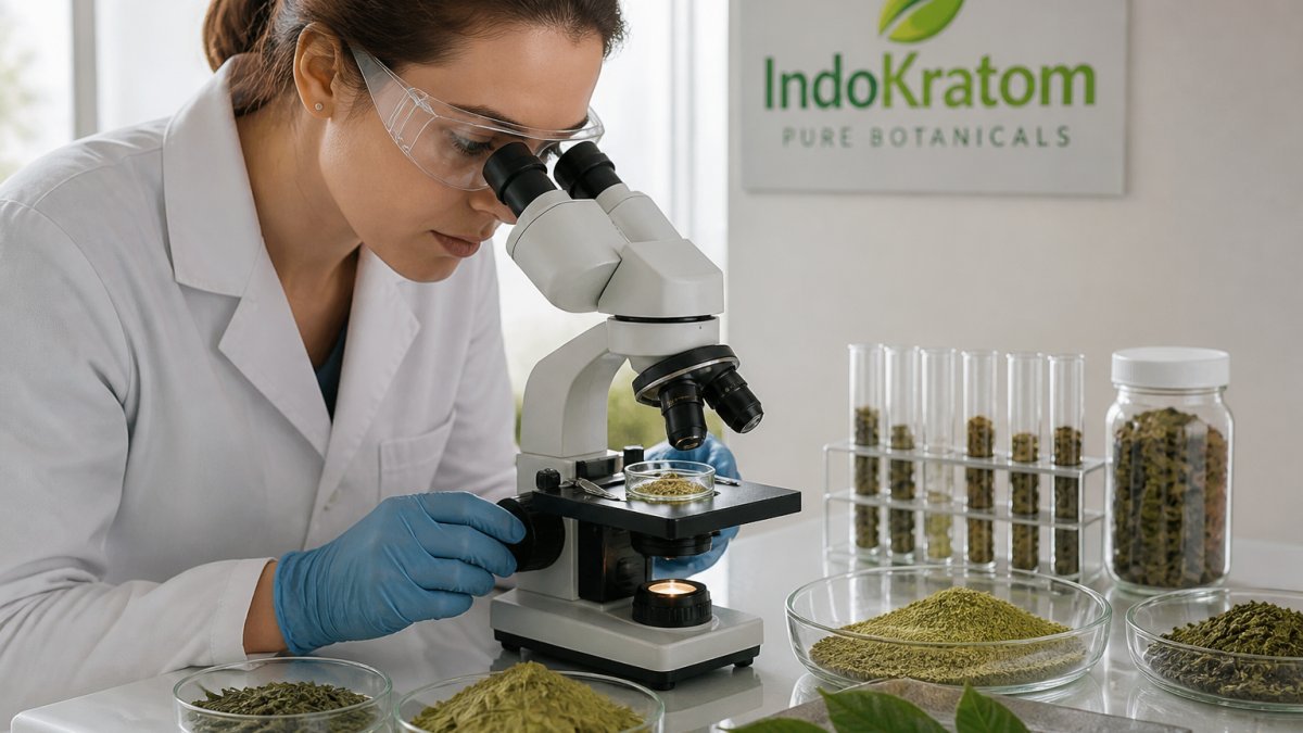 Professional laboratory technician examining botanical samples under bright magnification lens with precision equipment on sterile workspace
