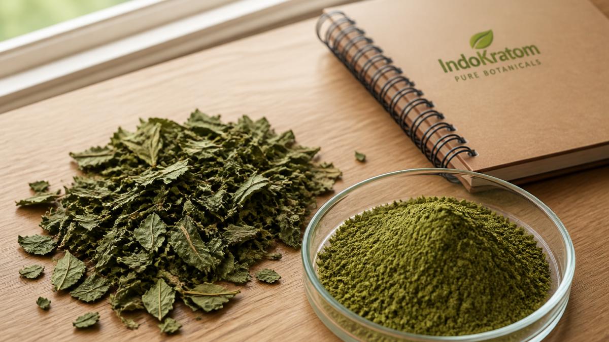 Dried kratom leaves and fine botanical powder beside a notebook on a wooden table, representing the source of kratom