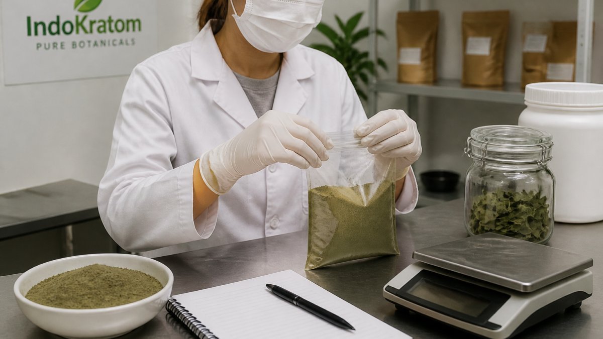 A researcher in a clean workspace wearing gloves, sealing a labeled botanical sample bag next to a notebook and a digital scale