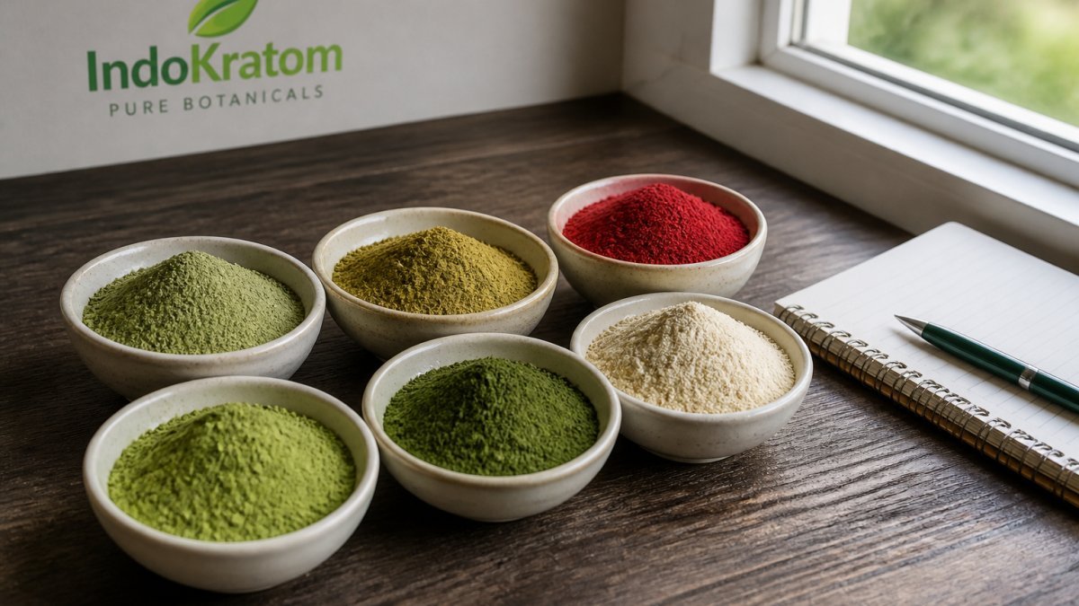 Comparison chart of kratom strains displayed as colored powders in ceramic bowls on a wooden table