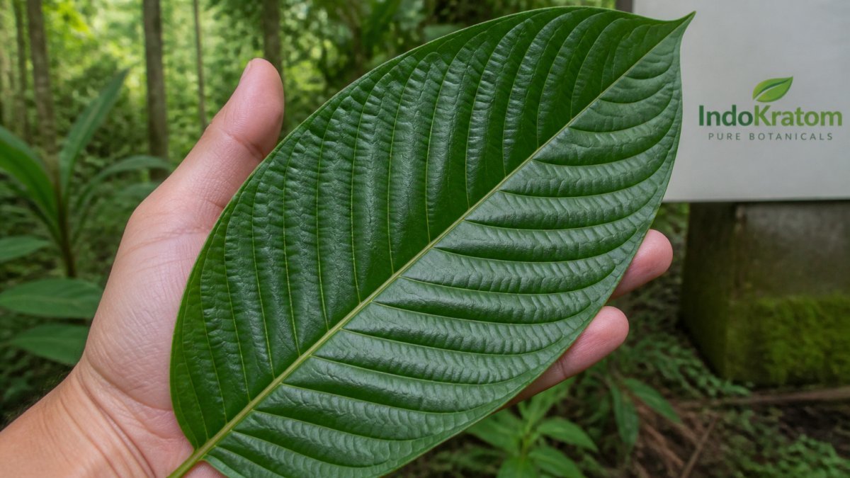 Close-up photograph of a large, glossy dark green Mitragyna speciosa leaf with visible veins, held in an open hand outdoors, blurred tropical forest background